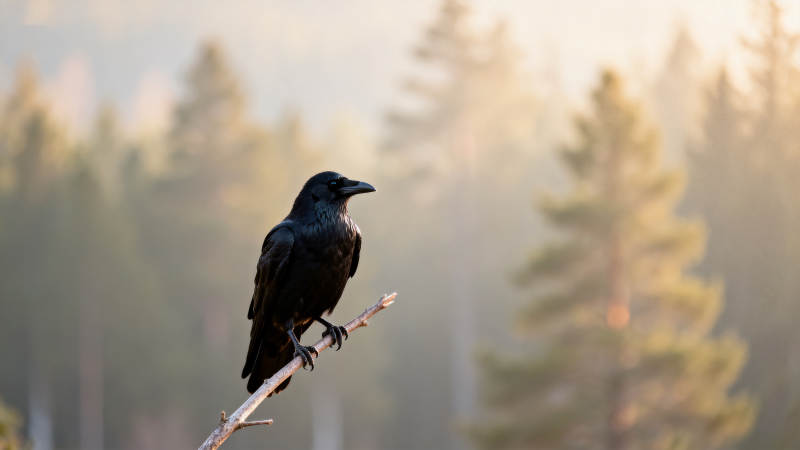 乌鸦栖枝林间晨曦图片
