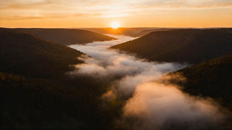 晨雾山谷日出图片