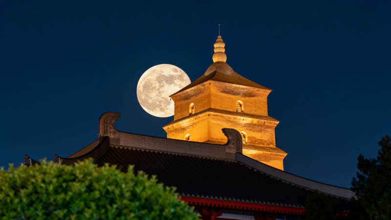 月照古塔夜景图片