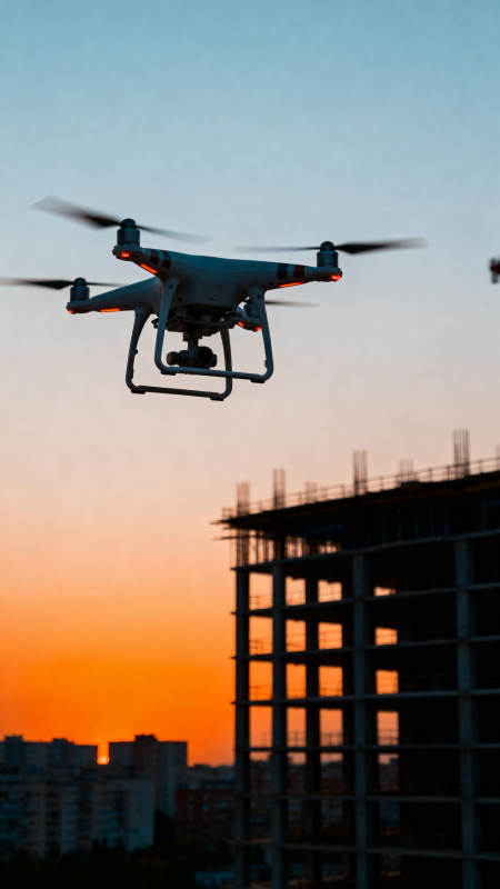 无人机飞越城市天际图片