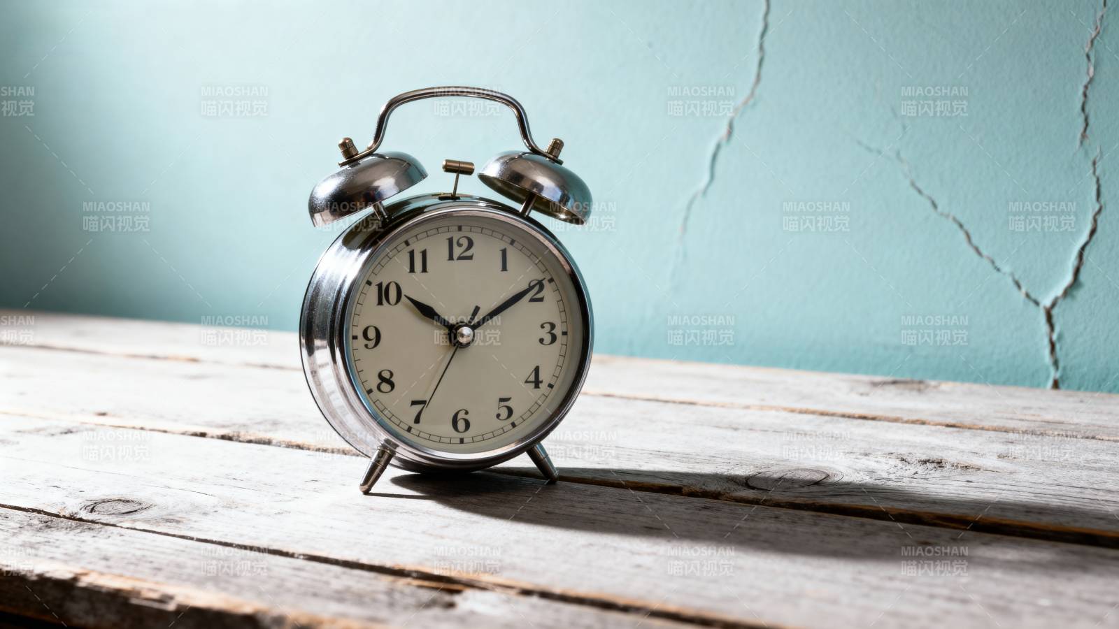 复古闹钟静置木桌图片