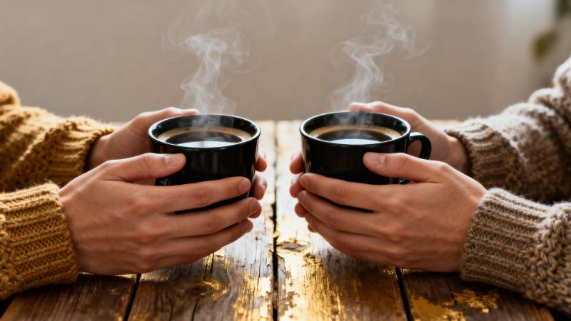 暖手捧热茶图片