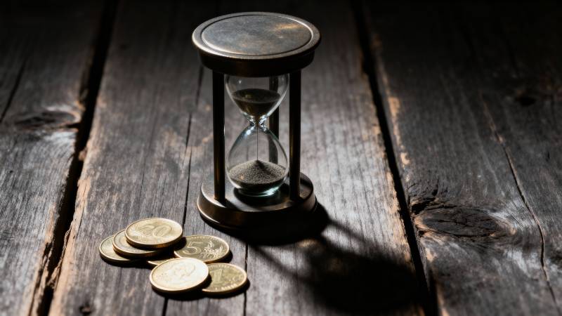 沙漏与金币静置木桌图片