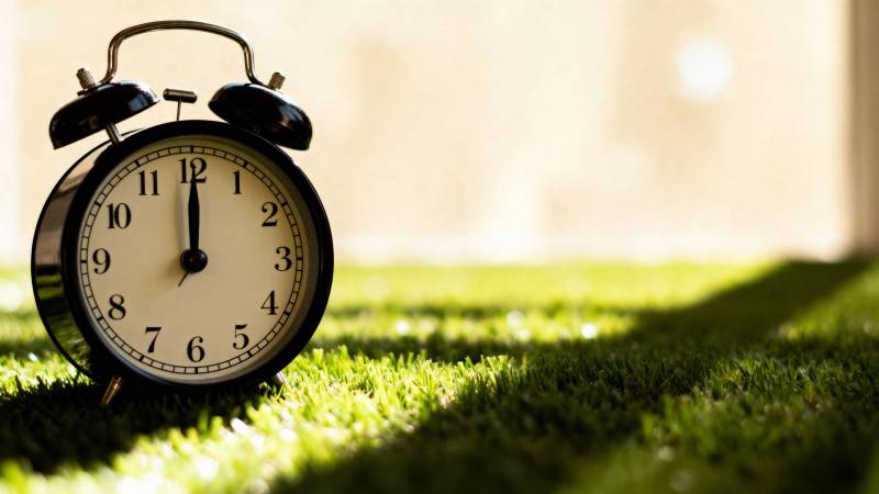 草地上闹钟静置图片