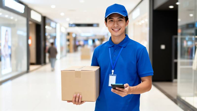 快递员微笑送包裹图片