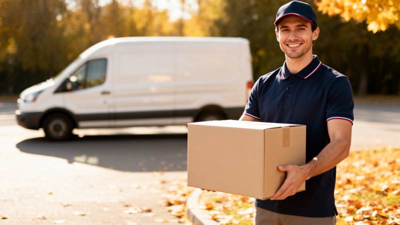 快递员微笑送包裹图片