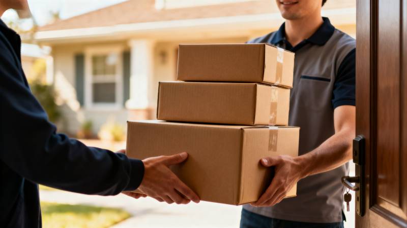 快递员送货上门图片