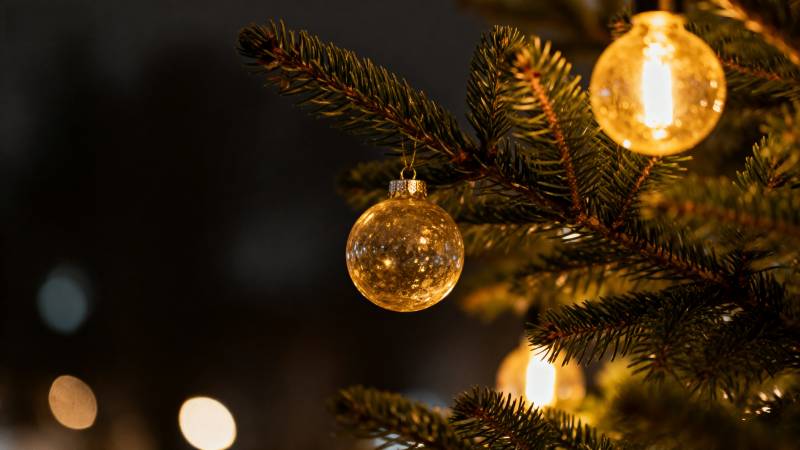 圣诞树上的金色装饰球图片