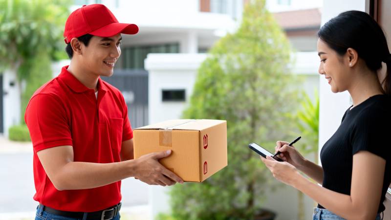 快递员送货上门图片
