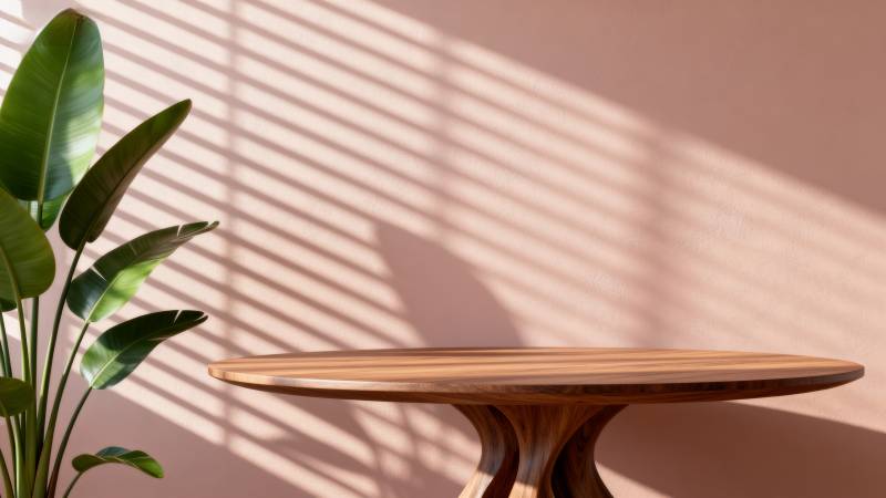 光影下的木桌绿植图片