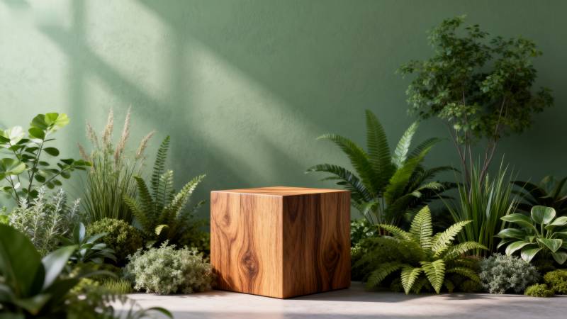 绿植环绕的木盒图片