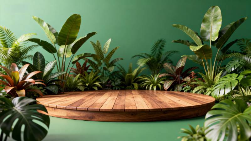 绿植环绕的木质舞台图片