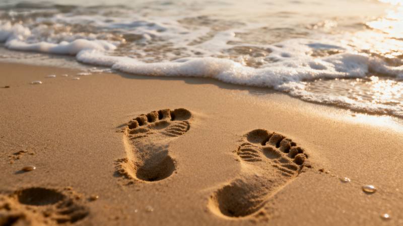 沙滩足迹与海浪图片