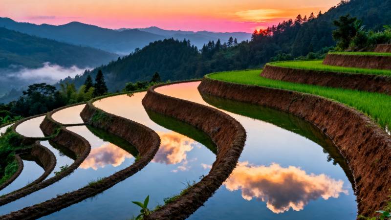 梯田晨曦映彩霞图片
