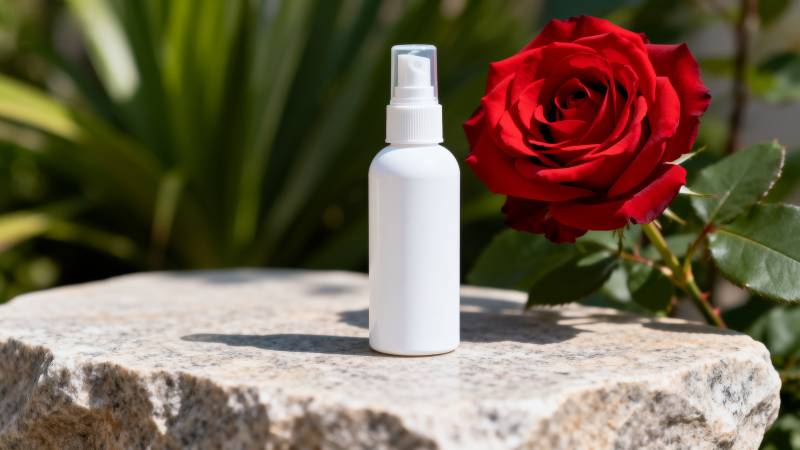 玫瑰旁的喷雾瓶图片