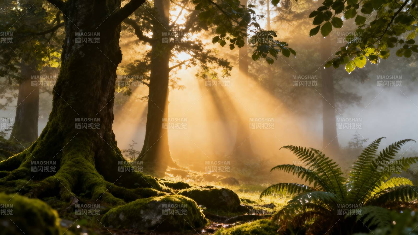 晨光穿透林间图片
