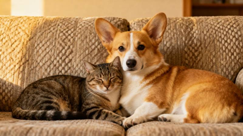 猫狗相伴 温馨共眠图片