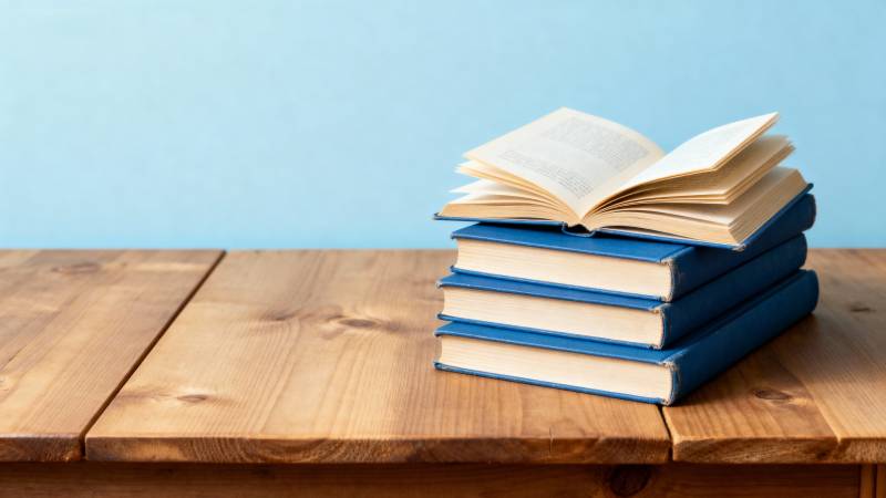 书堆静置木桌图片