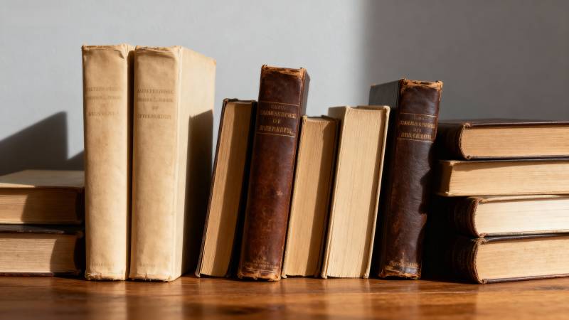 书架上的旧书图片