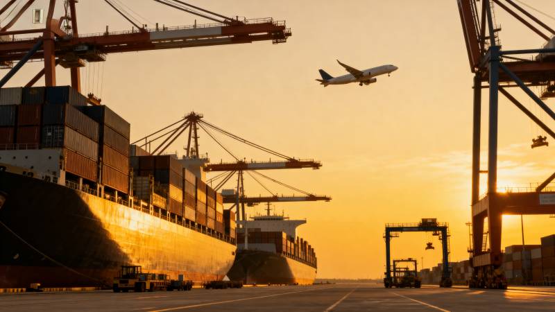 港口日落航运繁忙图片