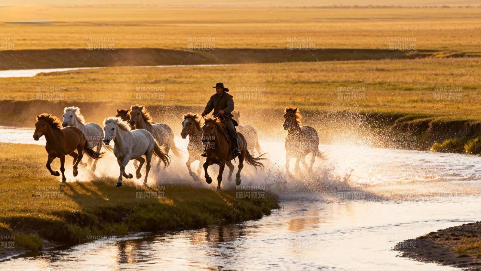 骏马奔腾过河图片