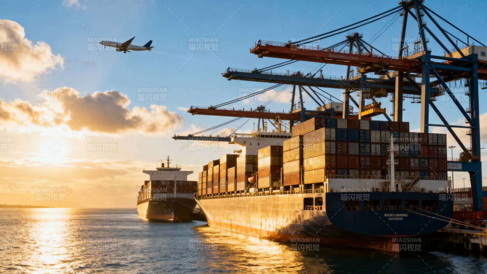 港口集装箱船与飞机图片