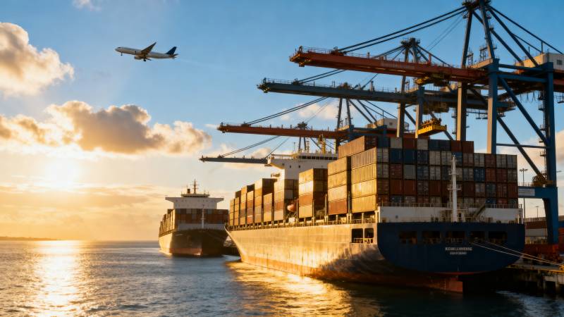 港口集装箱船与飞机图片