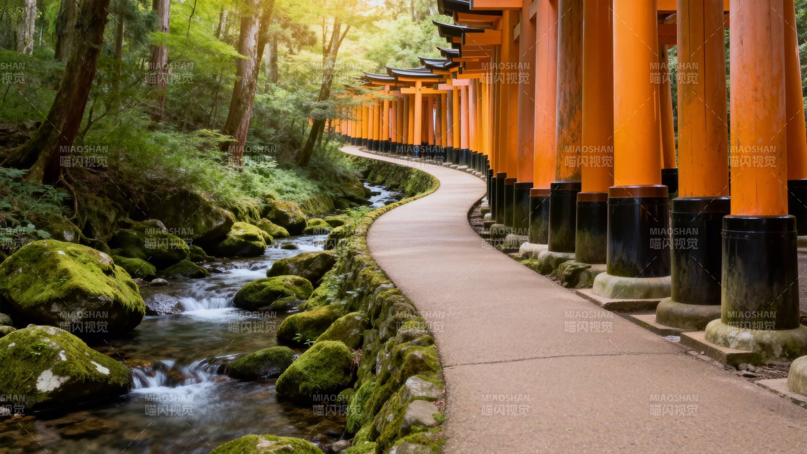 神社红柱溪流景图片