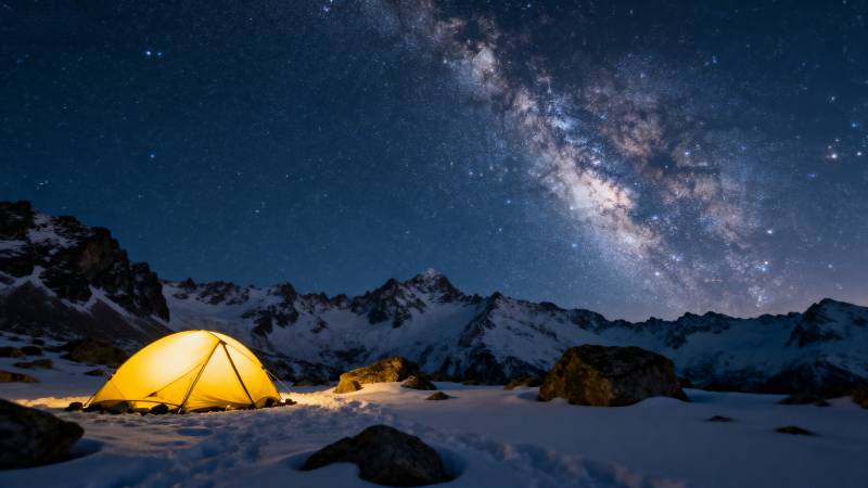 雪山夜空下的帐篷图片