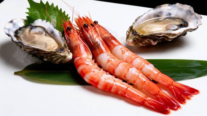 鲜虾生蚝配绿叶图片