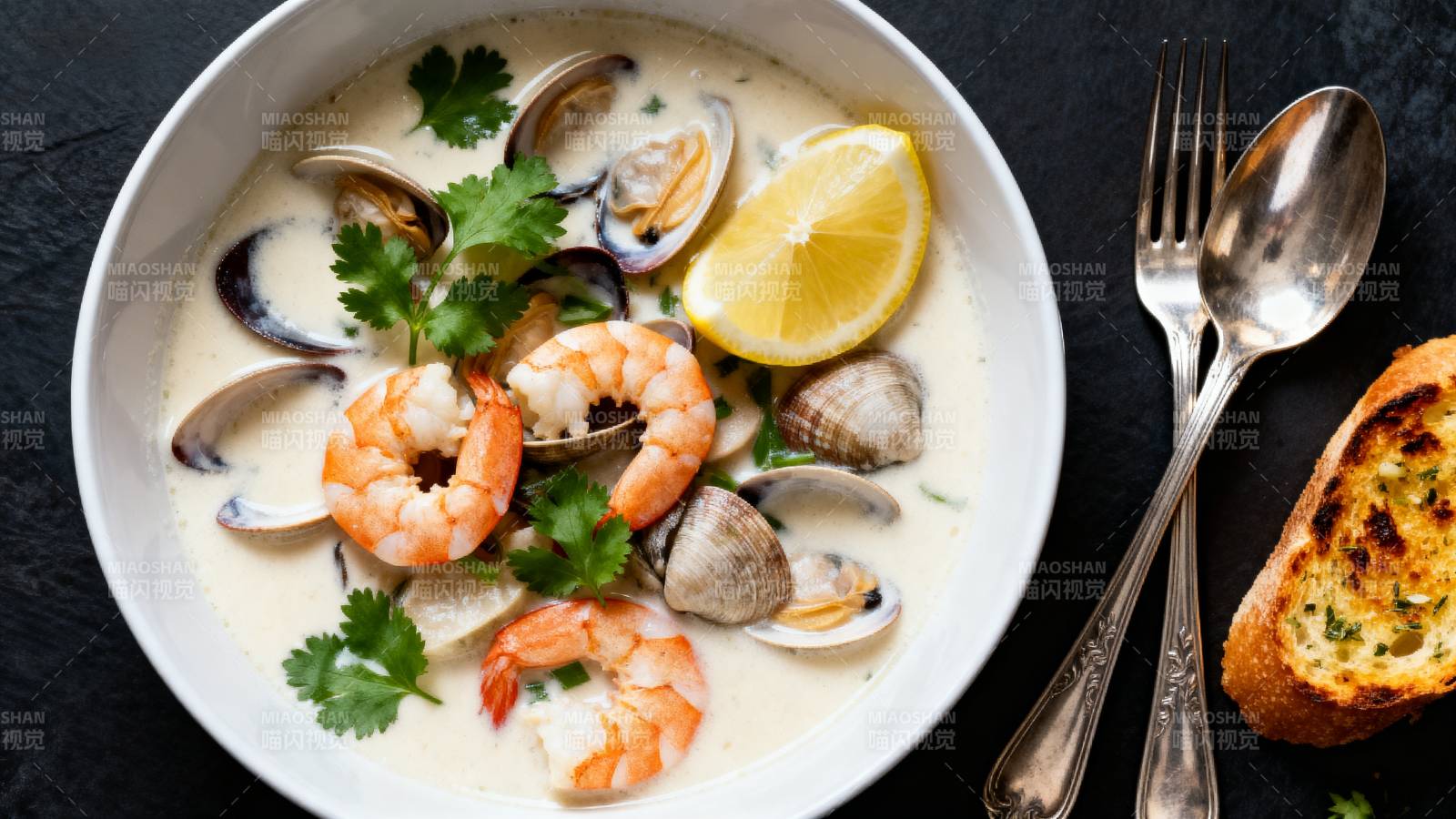 海鲜浓汤配面包图片