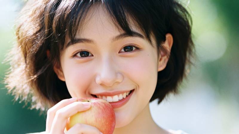 微笑女孩咬苹果图片