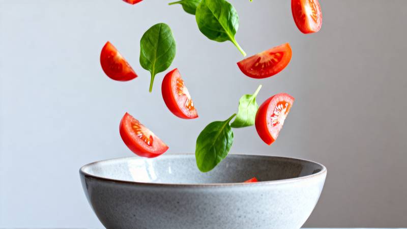 番茄与菠菜飞入碗中图片