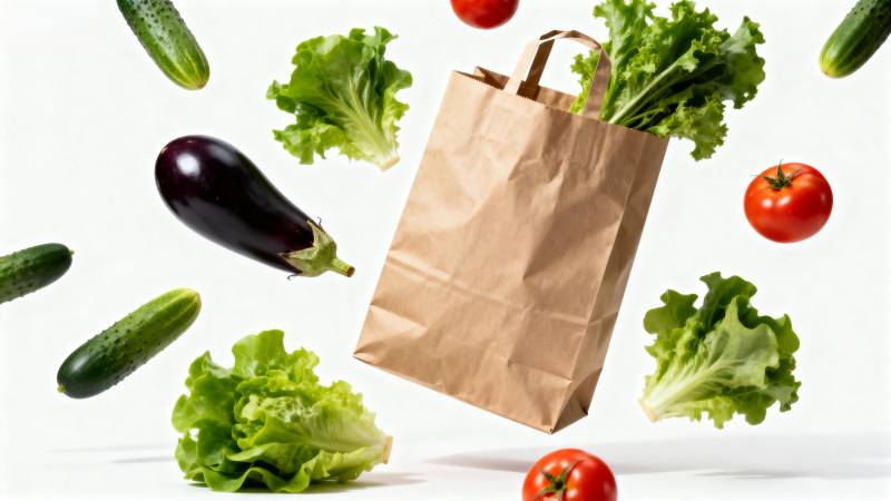 新鲜蔬菜飞入纸袋图片