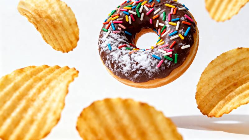 甜甜圈与薯片飞舞图片