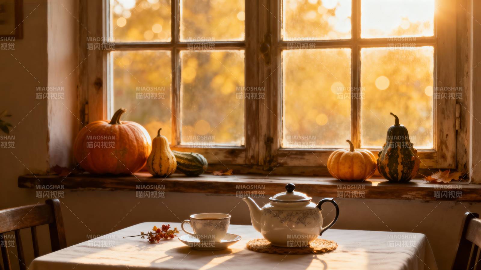 秋日窗边茶香图片