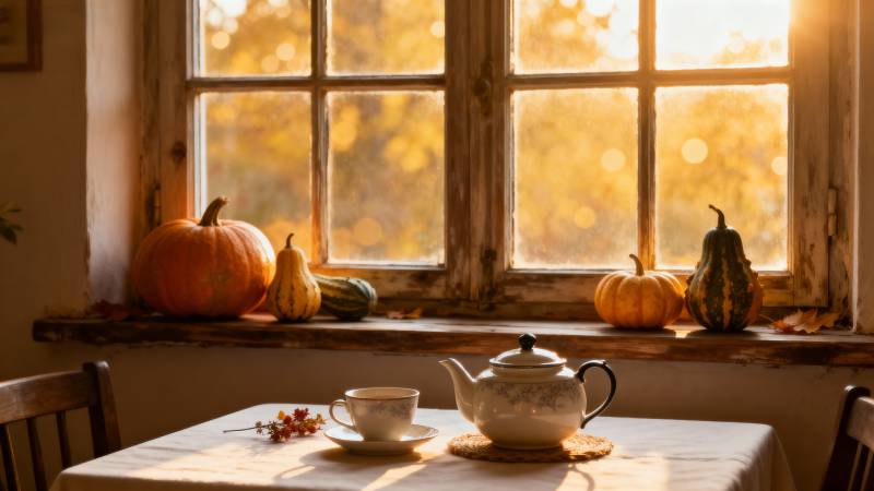 秋日窗边茶香图片