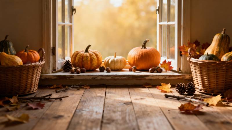 秋日窗边南瓜景图片