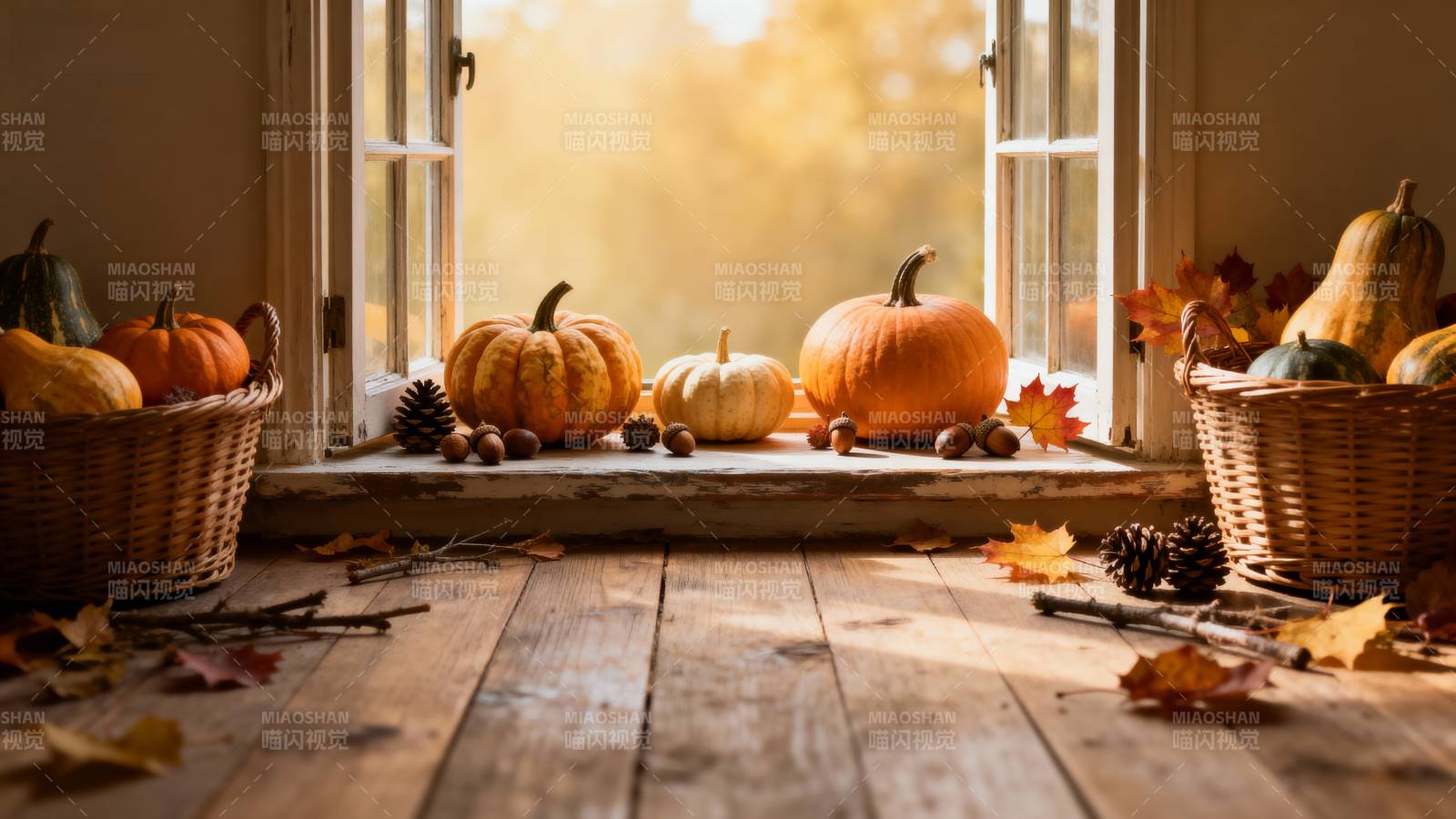 秋日窗边南瓜景图片