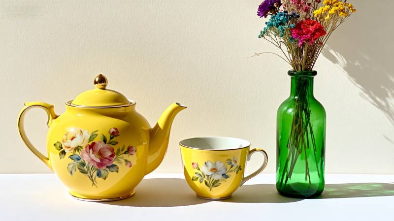 黄茶具与花瓶静物图片