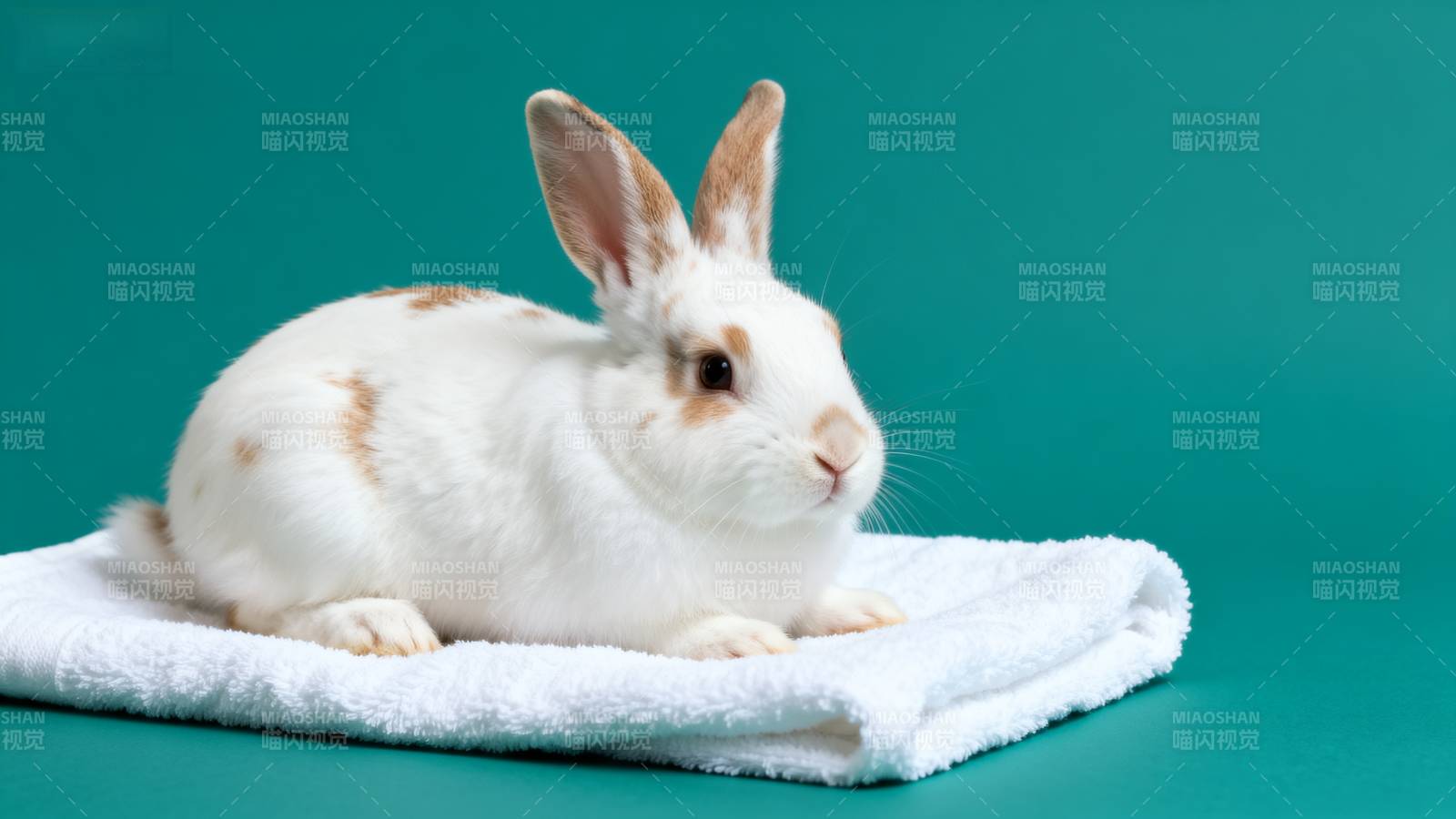 白兔静卧毛巾上图片