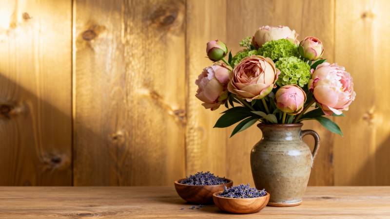 花瓶中的玫瑰与薰衣草图片