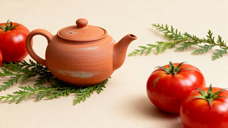 陶壶番茄绿枝静物图片