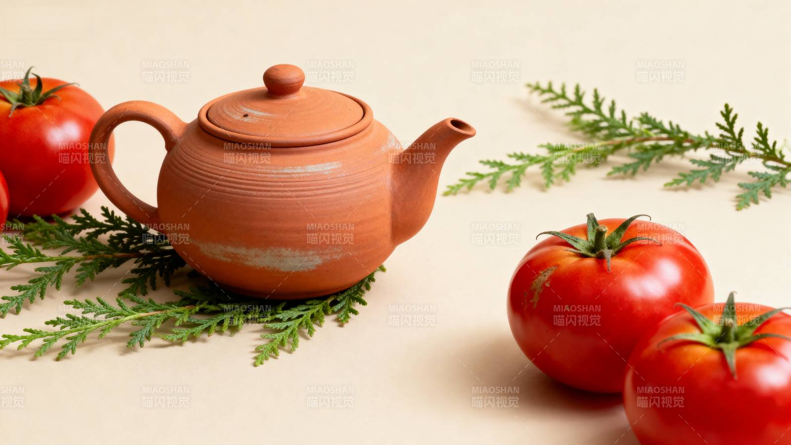 陶壶番茄绿枝静物图片