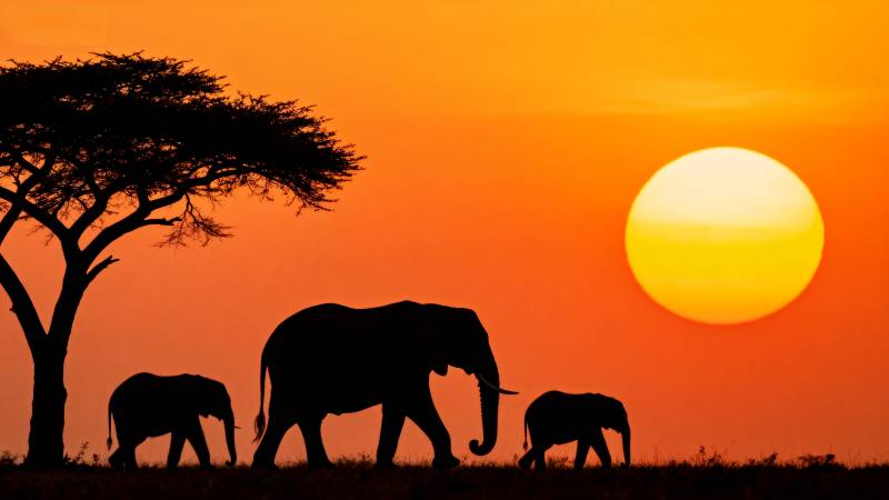 夕阳下的象群剪影图片