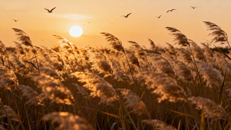 夕阳芦苇飞鸟图片