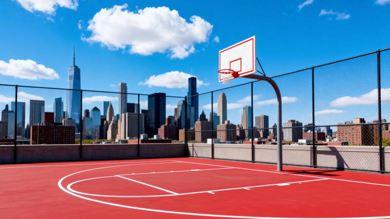 城市天际线下的篮球场图片