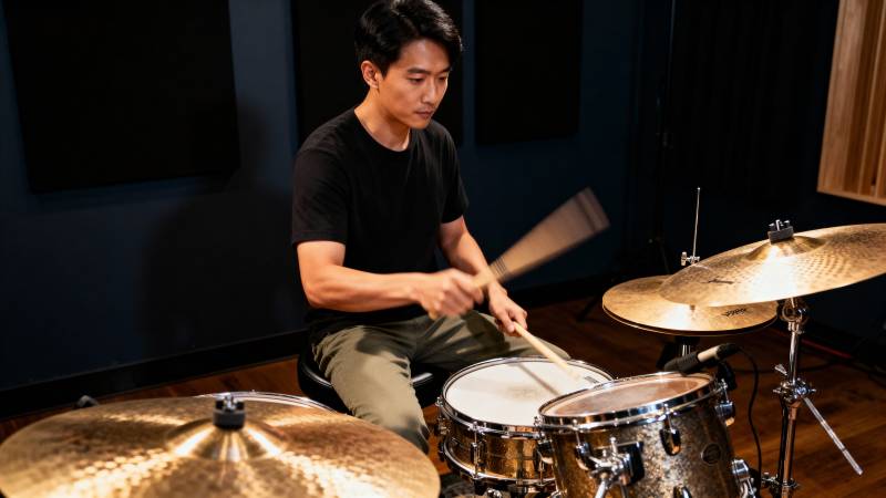 鼓手专注演奏图片