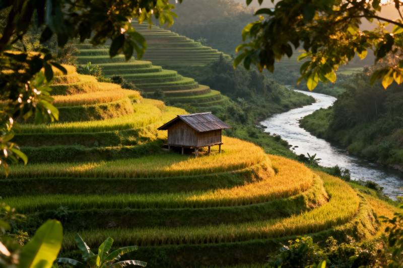 梯田晨光 小屋静谧图片