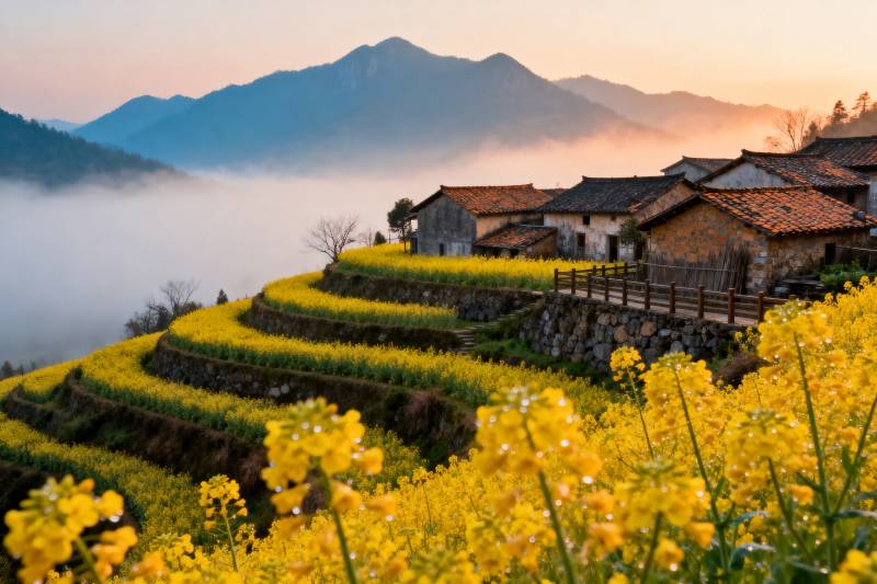 油菜花海山村晨曦图片